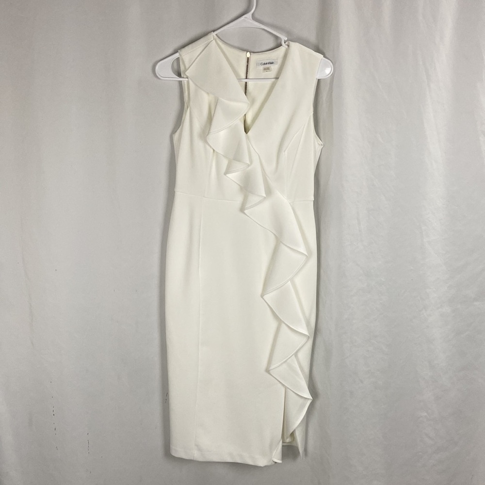 Calvin Klein White Sleeveless Ruffle Front V-Neck Sheath Dress -Size 4